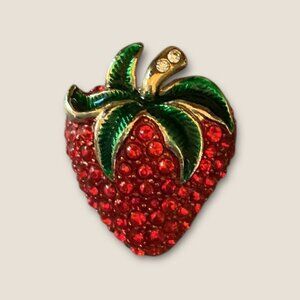 Vintage Rhinestone Strawberry Brooch Pave Gold-Tone Enamel Pin 1x1 Inches